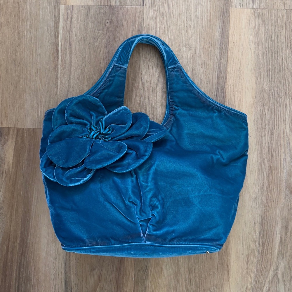 Kate Spade Teal Velvet Floral Applique Tote Bag Vtg cottagecore purse handbag